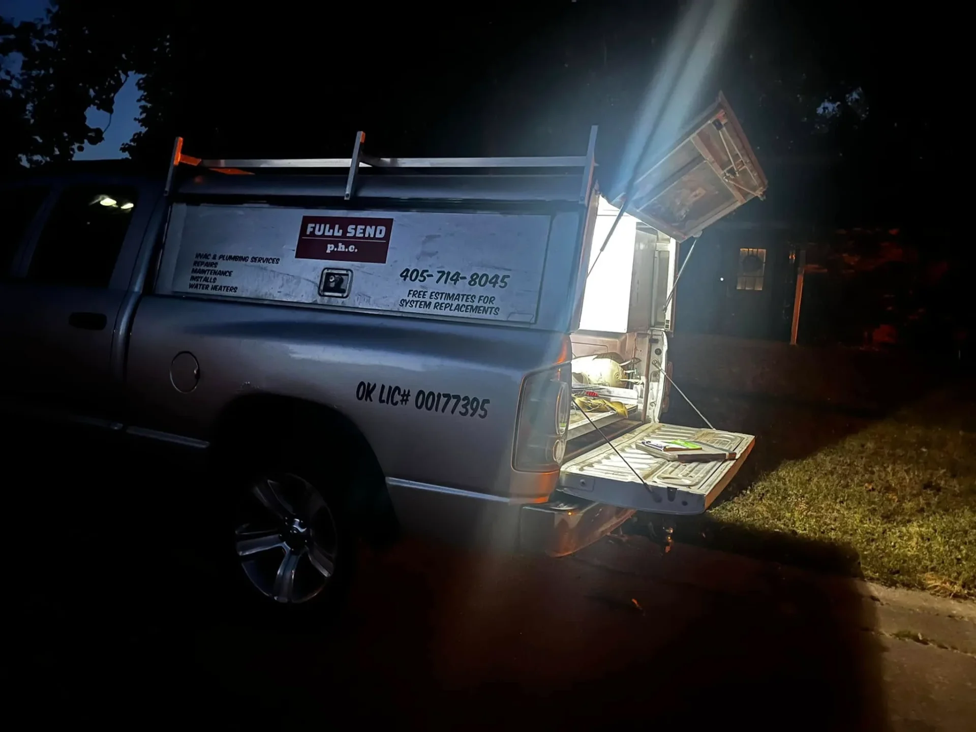 Full Send service truck responding to emergency call at night