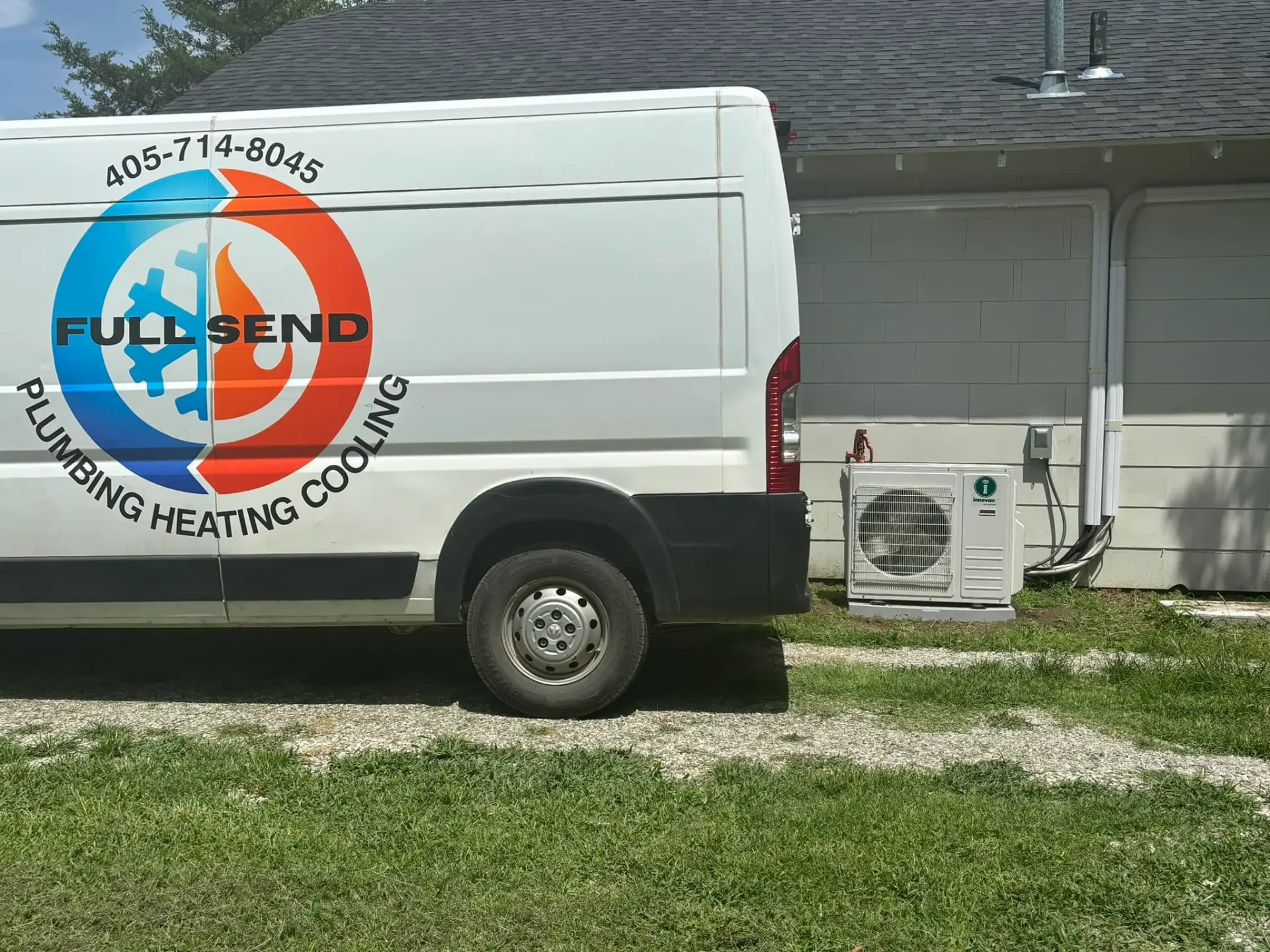 Full Send service van next to newly installed outdoor AC unit